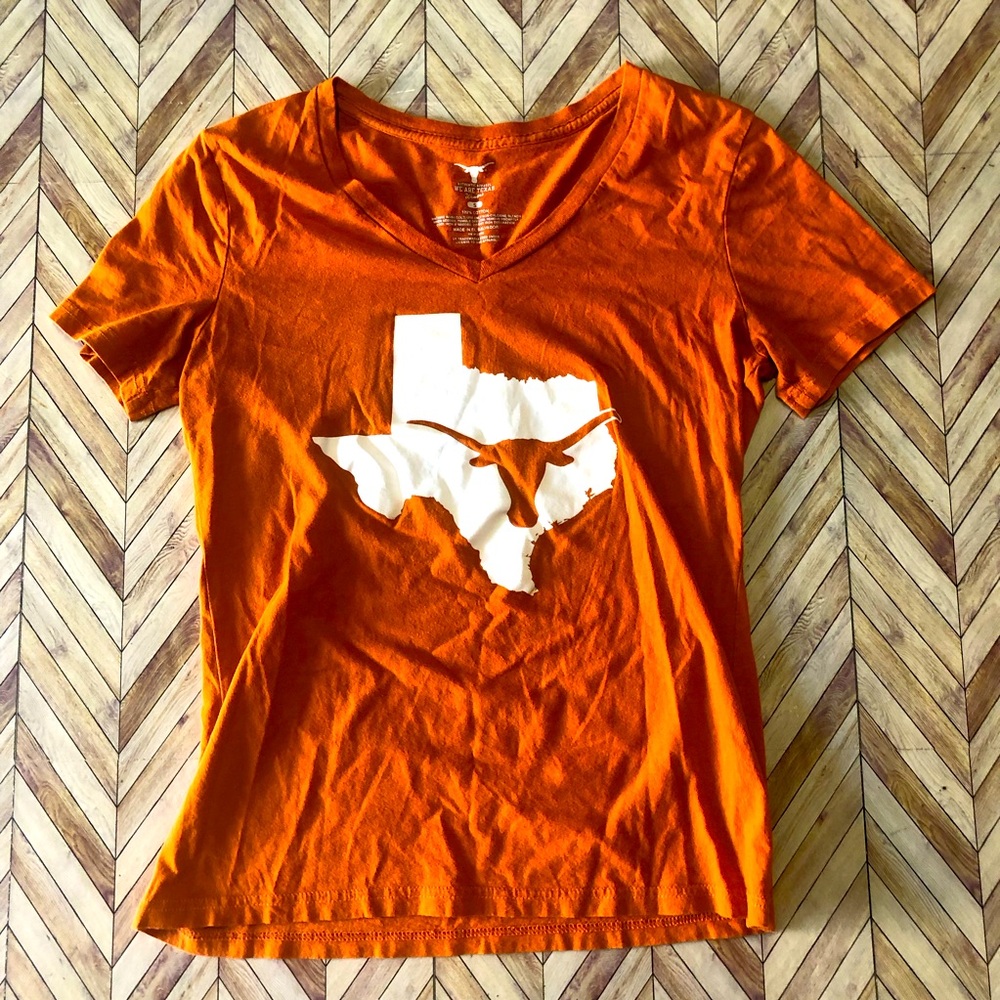 We Are Texas,Women’s V Neck State of Texas Tee, Orange, Size Small. 100% Cotton.